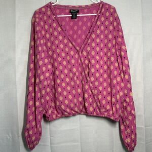 Wrangler Retro Blouse XL Pink Geometric Faux Wrap Top
